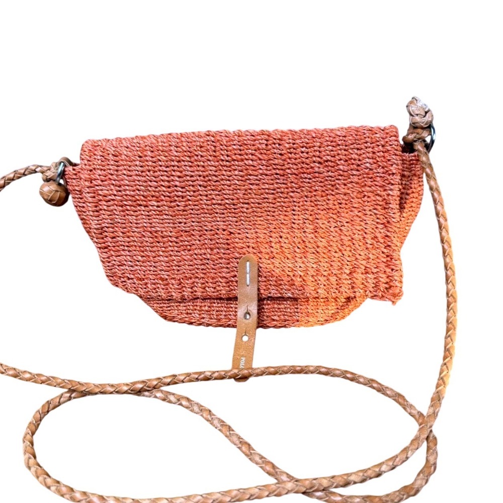Polo Ralph Lauren Orange Woven Raffia Crossbody Bag Braided Leather Strap Boho